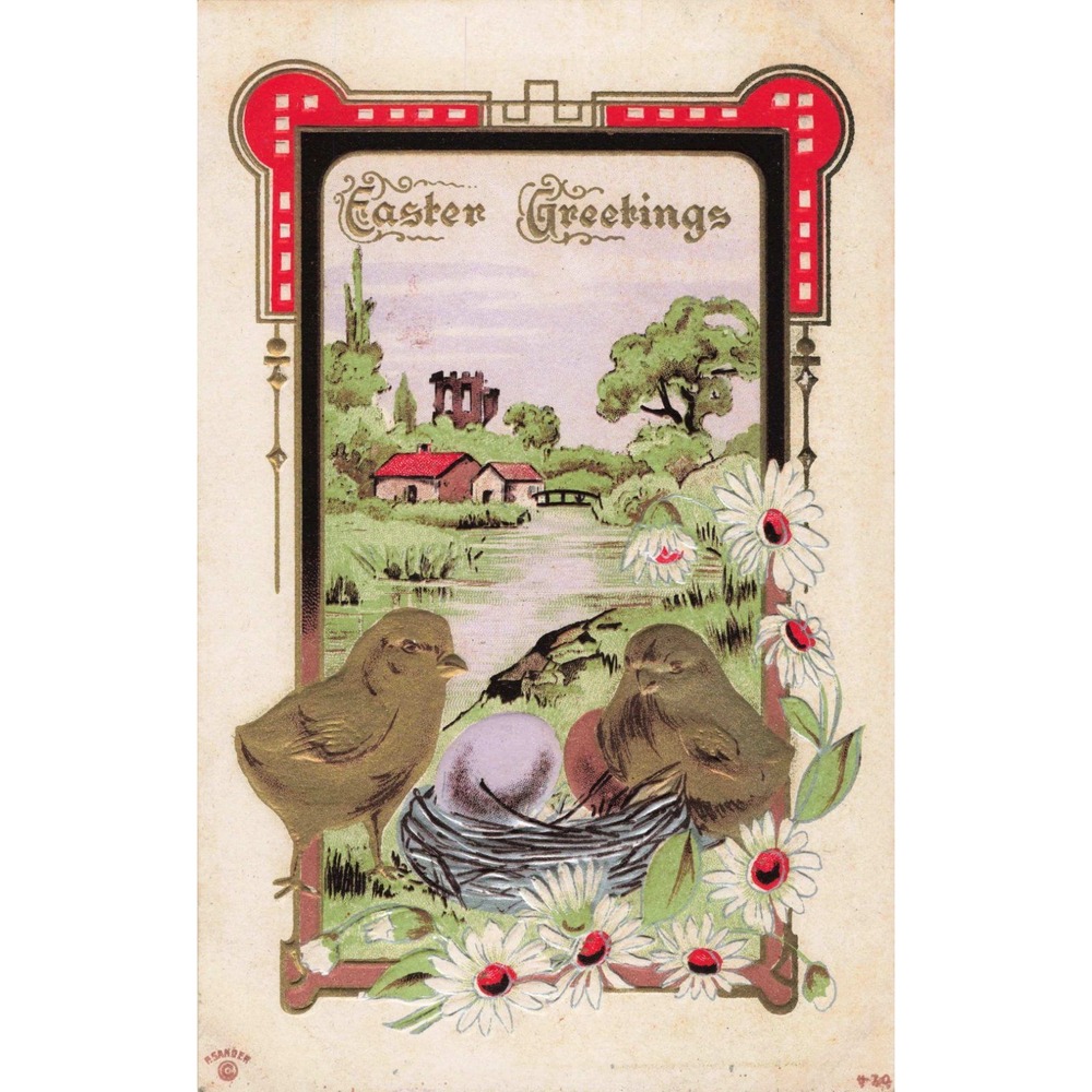 Antique Easter Greetings Postcard Embossed Chicks Nest Flowers Gilt Border VG - Picture 1 of 2